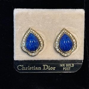 Cristian Dior Earrings - Faux Blue Lapis Lazuli & Chrystal Set in Gold - Vtg 90s